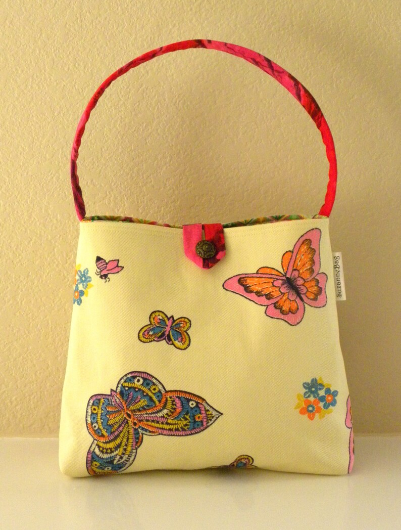 Shoulder Bag Vintage Canvas Butterflies and Bees Pink, Orange, Yellow