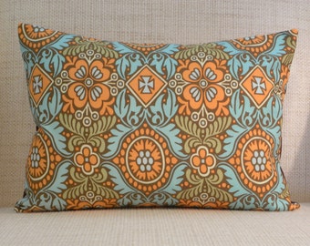 Throw Pillow Cover - Upcycled Mod Inspired Floral - Brown, Orange, Sage, Aqua - 12 x 16