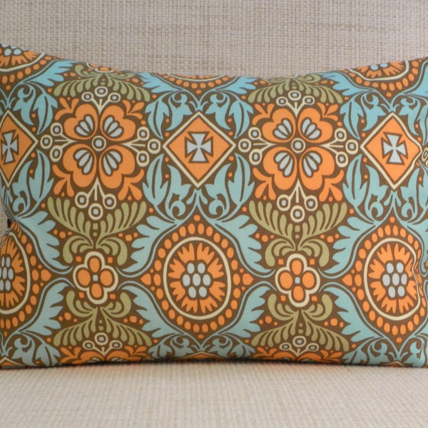 Throw Pillow Cover - Upcycled Mod Inspired Floral - Brown, Orange, Sage, Aqua - 12 x 16