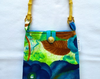 Evening Out Bag - Vintage Mod Watercolor Pansies - Turquoise, Navy, Chartreuse and Rust