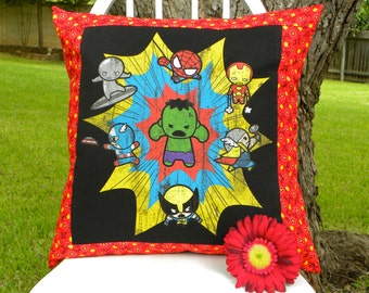 Pillow Cover - Tiny Tot Avengers/Marvel Comics Heroes and Vintage Red Bandana Fabric - 18 x 18