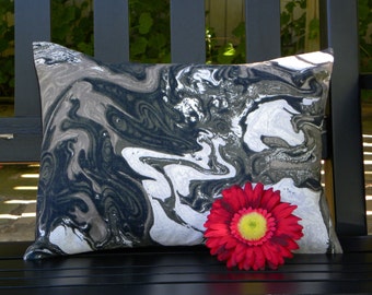 Throw Pillow Cover - Vintage Bloomcraft Canvas - Black, White and Gray Smoky Marble Swirl - 12 x 16