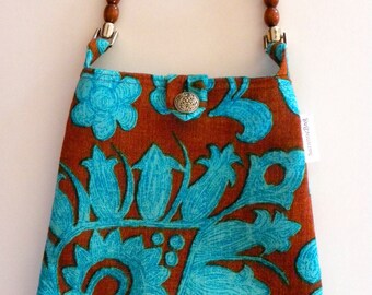 Evening Out Bag - Vintage Turquoise & Chocolate Floral - Reversible