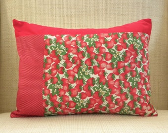 Throw Pillow Cover - Vintage Strawberry Polka Dot Patchwork - 12 x 16