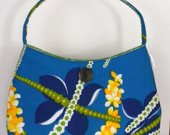 Vintage Fabric Hobo/Tote - Vintage Blue & Yellow Hawaiian Lei