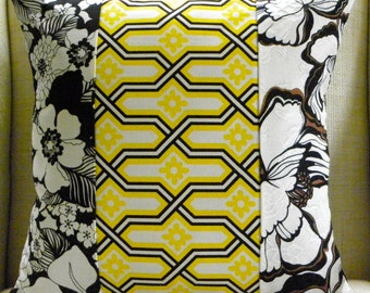 Pillow Cover - Vintage '70s Floral Patchwork - White, Black and Yellow - 18 x 18