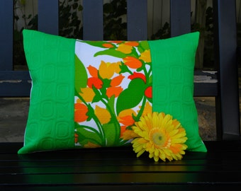 Throw Pillow Cover - Vintage Mod Green, Orange, Yellow and White Floral  Patchwork - 12 x 16