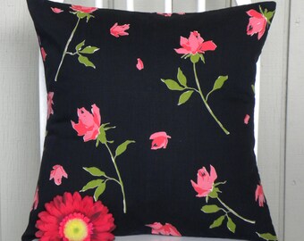 16 x 16 Pillow Cover - Vintage Pink Long Stem Roses on Black