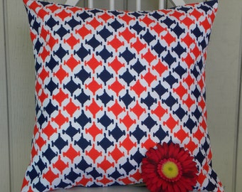 Pillow Cover - Vintage Mod Navy and Red Houndstooth Fabric - 18 x 18