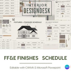 May include: An interior design schedule featuring the text "INTERIOR DESIGNDESK" and "FIXTURES + FINISHES SCHEDULE". The image includes a house illustration and material samples. The text "FF&E FINISHES SCHEDULE" is also visible.