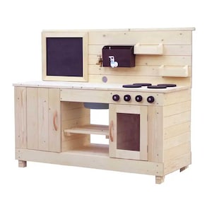 May include: A wooden play kitchen with a chalkboard, tap, and hob. The kitchen features a sink, storage, and a small shelf. The natural wood finish gives it a rustic look, ideal for imaginative play.