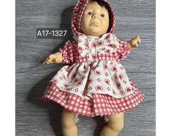 Vintage Crying Baby Doll 8 inch Red Gingham Heart Dress Bonnet Realistic Tears