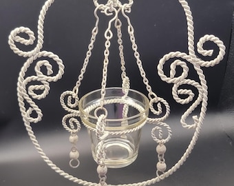 Vintage Table Top Twisted Wire Swinging Candle Holder- White B1042