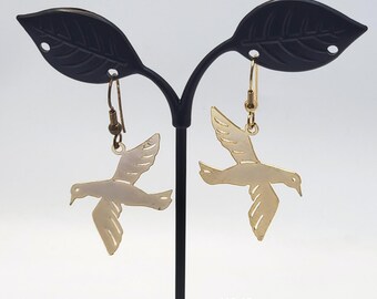 Gold Tone (brass?) Flying Bird Dangle Earrings Nature Theme Avian Drop Hook