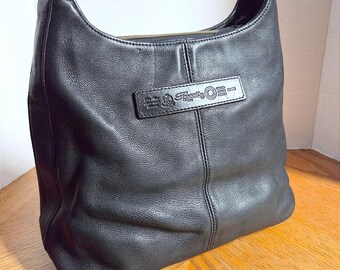 VTG Fossil Sac à bandoulière hobo en cuir grainé noir Patch logo en laiton