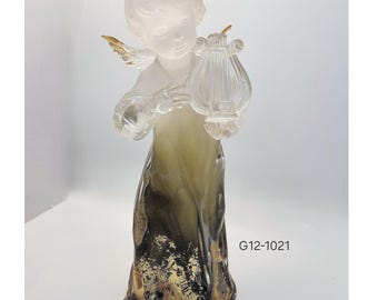 VTG Lucite Angel Figurine Playing Harp Gold Leaf Accents Green Gradient 9"