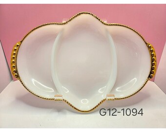 VTG Fire-King Milk Verre à relish divisé en verre avec bordure en perles dorées MCM Blanc
