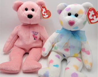 Ty Beanie Babies Mum and Kissme Bears 2001 Retired Plush Set Pink White Heart