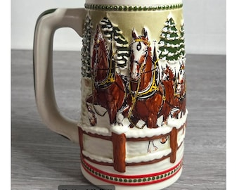 Budweiser Holiday Stein 1997 Clydesdales Covered Bridge Ceramarte