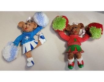 Kurt Adler Holly Bearies CHEERLEADER Bear Ornament. Set Of 2. No Box