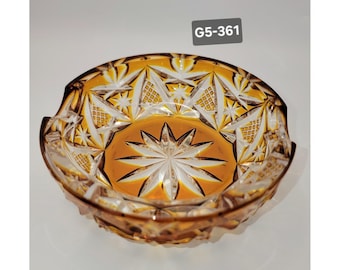 VTG 1960s Amber Cut to Clear Crystal Starburst Center Decorative Ash Tray G5-361