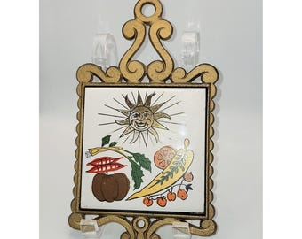 Vintage Enesco Japan Sun & Vegetable Ceramic Tile Metal Trivet