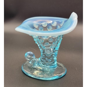 Vintage Fenton Blue Opalescent Hobnail Cornucopia 4" Glass