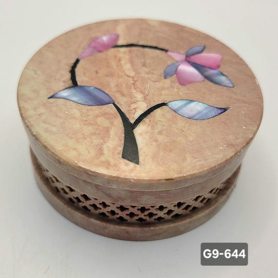 Gaurara Stone Handicraft India Trinket Box Floral Shell Inlay Jali Carved G9-644