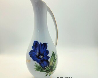 JK Bavaria Munchen Fridolfing Blue Floral Porcelain Pitcher Vase Gold Trim 7.5"