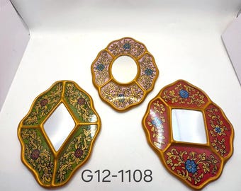 Ensemble de 3 miroirs muraux floraux peints à la main vintage, décoration art folklorique bohème dorée