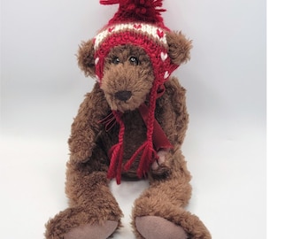 VTG Brown Plush Teddy Bear with Red Knit Winter Pom Pom Hat and Ribbon 11 Inch