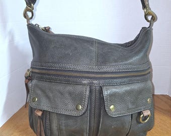 VTG Fossil Long Live vintage Sac messager à bandoulière en cuir grainé gris foncé
