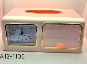 Housse de boîte à mouchoirs rose rétro avec horloge à quartz intégrée et cadre photo bordure dorée