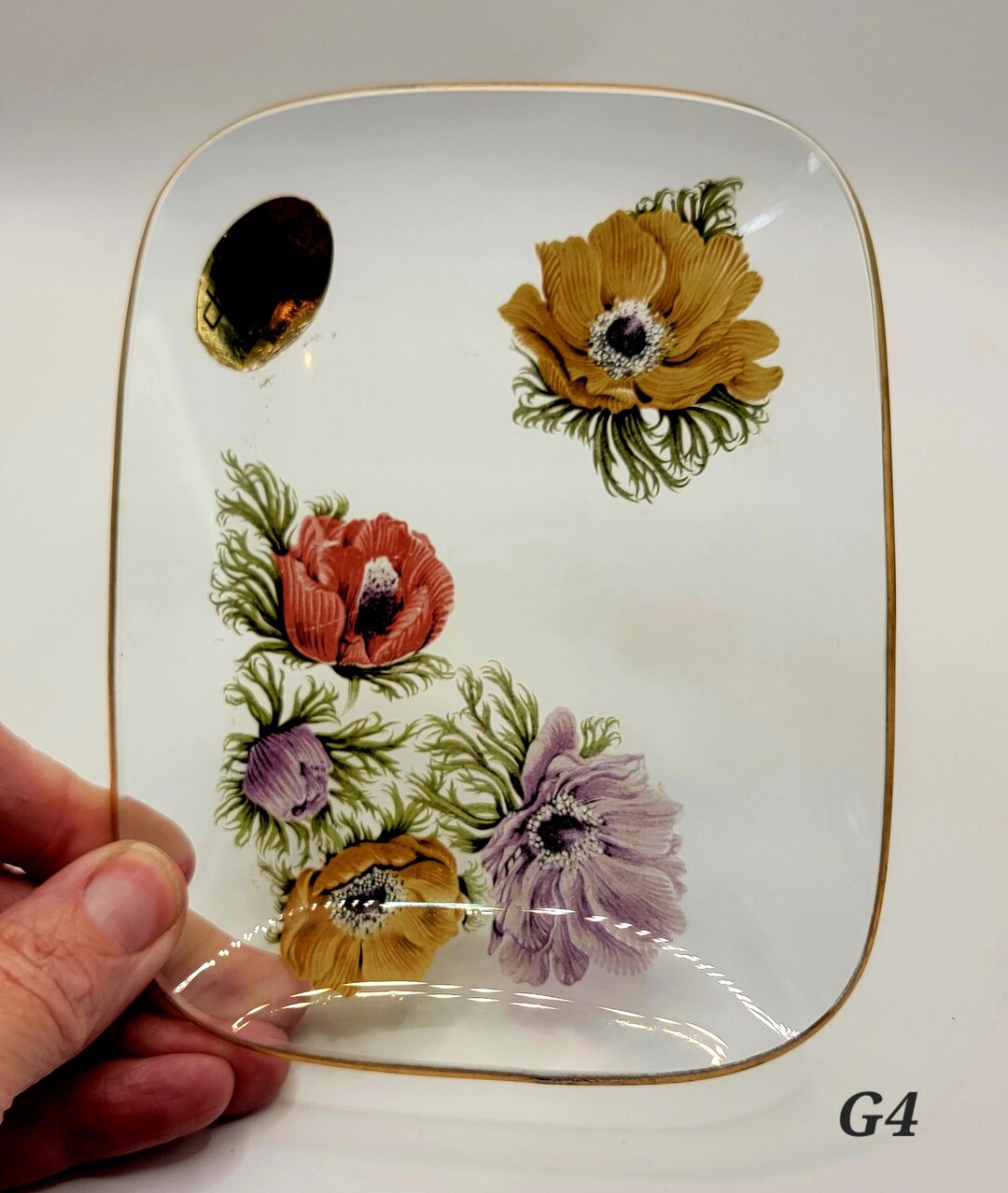VTG Chance Glass Anemone Pattern Gold Rimmed Rectangular Dish With ...