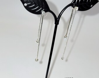 Silver Tone Double Snake Chain Linear Drop Earrings Clear Rhinestones J1036