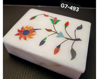 Boîte de table Pietra Dura vintage indienne fabriquée à la main en marbre incrusté de pierre (G7-493)