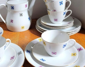 Juego de té Seltmann Weiden Bavaria de 18 piezas, estilo floral atómico, de porcelana MCM, década de 1960, fabricado en Alemania.
