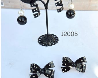 Vintage Style Black White Polka Dot Bow Spiral Faux Pearl Earring Set 3 Pairs