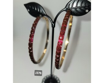 VTG 90's Gold tone Hoop Earrings Red Faceted Beads Statement Earrings J376