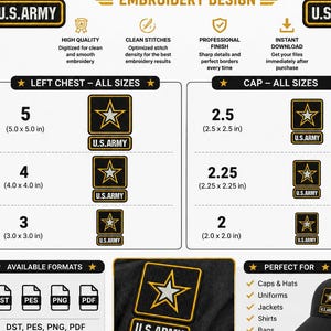 May include: Promotional image for U.S. Army embroidery designs. The design features a gold star within a black square, with the text "U.S. ARMY." Sizes are listed in inches, and the design is suitable for caps, uniforms, jackets, shirts, and bags.