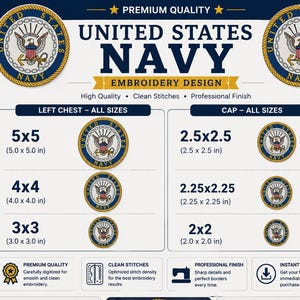 May include: Digital embroidery design of the United States Navy emblem, available in multiple sizes. Includes DST, PES, PNG, and PDF file formats. Suitable for caps, uniforms, jackets, shirts, and bags. Measurements are in inches.