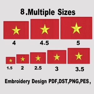 May include: A selection of red rectangular embroidery patches with a yellow star in the centre. The patches are in various sizes, ranging from 3.8 cm to 12.7 cm. The text "8. Multiple Sizes" and "Embroidery Design PDF, DST, PNG, PES" are also present.