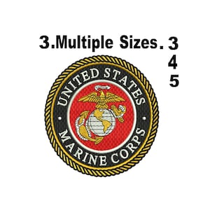 Può includere: Emblema ricamato del Corpo dei Marines degli Stati Uniti. Il design circolare presenta un centro rosso con un'aquila dorata, un globo e un'ancora. Il testo "UNITED STATES MARINE CORPS" è in un anello nero con bordo dorato. Il testo "3.Multiple Sizes. 3 4 5" è sopra.