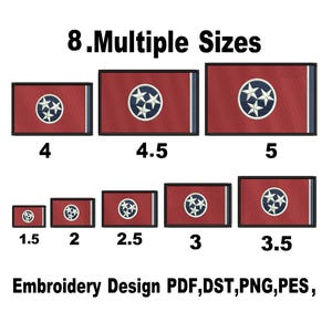 May include: An embroidery design featuring the Tennessee state flag in eight different sizes, labelled 1.5, 2, 2.5, 3, 3.5, 4, 4.5, and 5. The flag is red with a blue circle containing three white stars and a blue vertical stripe on the right.
