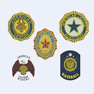 May include: Embroidered patches featuring the American Legion emblem. Designs include a star, eagle, and baseball-themed patch. The patches are in shades of blue, gold, and brown, with the words "American Legion" and "Baseball".