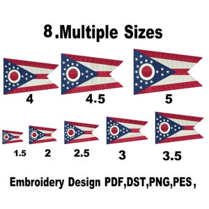 May include: An embroidery design featuring the Ohio state flag in eight different sizes labeled 1.5, 2, 2.5, 3, 3.5, 4, 4.5, and 5. The text 8.Multiple Sizes and Embroidery Design PDF,DST,PNG,PES is displayed in black against a white background.