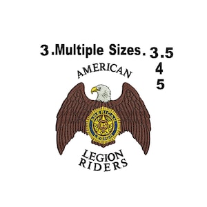 May include: Embroidered patch featuring a brown eagle with outstretched wings, a yellow and blue emblem, and the text "AMERICAN LEGION RIDERS." The patch is available in multiple sizes: 3.5, 4, and 5 inches.