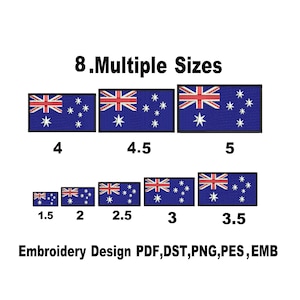 Könnte beinhalten: Mehrere Größen gestickter australischer Flaggen werden gezeigt, von 3,8 cm bis 12,7 cm lang. Die Flaggen zeigen den Union Jack, Sterne und einen blauen Hintergrund. Der Text enthält "8. Multiple Sizes" und "Embroidery Design PDF, DST, PNG, PES, EMB."