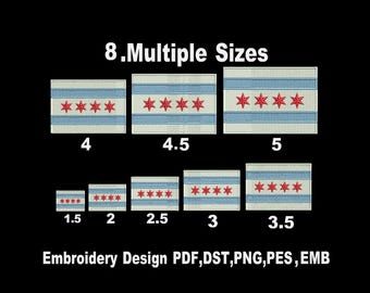 Chicago Flagge Stickdatei, Stickdatei, Maschinenstickerei, Maschinenstickerei in 8 Grössen