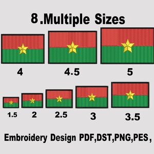 May include: An image shows an embroidery design in multiple sizes. Each design is a rectangular flag with red and green stripes and a gold star. Sizes vary from 3.8 cm to 12.7 cm wide. Text reads "8. Multiple Sizes" and "Embroidery Design PDF, DST, PNG, PES."